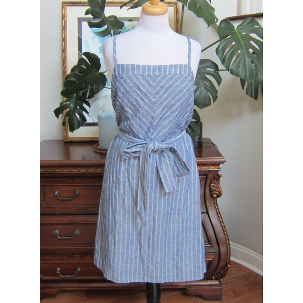 Banana Republic Blue Striped Chambray Linen Blend Belted Shift Dress Size 12 New - Picture 2 of 10